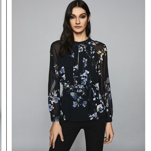 REISS Robbie Floral Printed Blouse Semi Sheer Pleated Keyhole Peplum Tie Flowy - Picture 8 of 16